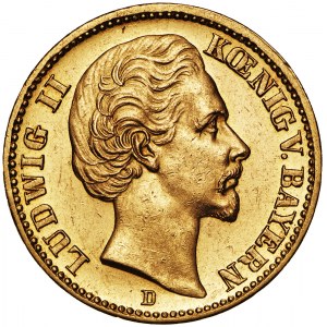 Niemcy, 20 marek 1873, Ludwik II, D, Bawaria, złoto Au 900