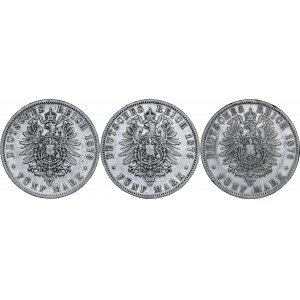 Niemcy, zestaw 3 monet, Wilhelm, 5 marek 1876, A,B,C, srebro