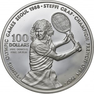 Niue, 100 dolarów 1987, Steffi Graf, olimpiada w Seulu 1988, 5 uncji srebro Ag 999