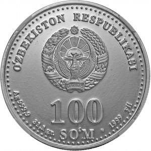 Uzbekistan, 100 som 1999, srebro Ag 999, PF65, max świat, rzadka pozycja