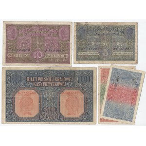 zestaw 5 banknotów, Generalne Gubernatostwo Warszawskie, 1,2,5, 10 i 100 marek, 1916