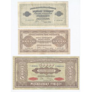 zestaw 3 banknotów, Polska Krajowa Kasa Pożyczkowa, 50 000 marek polskich 1922, 50 000 marek polskich 1923 i 100 000 marek polskich 1923