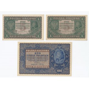 zestaw 7 banknotów, Polska, 2x5 marek polskich, 100 marek polskich, 4x1 000 marek polskich, 1919