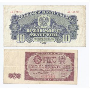 zestaw 2 banknotów, 10 zł 1944, obowiązkowym oraz 5 zł 1948