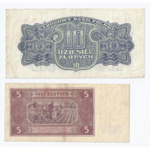 zestaw 2 banknotów, 10 zł 1944, obowiązkowym oraz 5 zł 1948