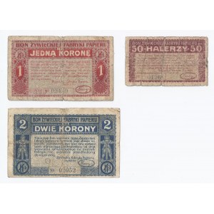 zestaw 3 bonów Żywiec, 50 halerzy, 1 i 2 korony, 1919, Żywiecka Fabryka Papieru