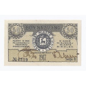 bon Siedlce, 50 fenigów, 1917, seria B, ślad po podlepce, ale bardzo ładnie zachowany, piękna prezencja