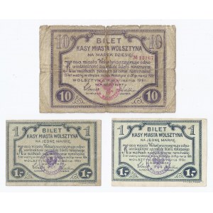 zestaw 3 bonów Wolsztyn, 2x1 marka (jaśniesza i ciemniejsza wersja), 10 marek, 24.09.1919