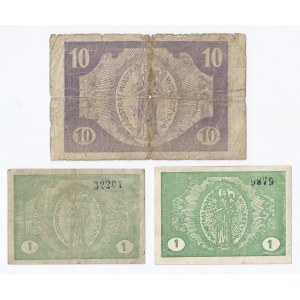 zestaw 3 bonów Wolsztyn, 2x1 marka (jaśniesza i ciemniejsza wersja), 10 marek, 24.09.1919
