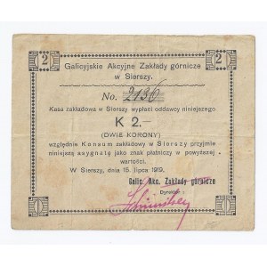 bon Siersza, 2 korony, 15.07.1919, Galicyjskie Akcyjne Zakłady górnicze w Sierszy, numer wpisany odręcznie piórem, ekstremalnie rzadki walor