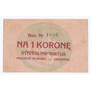 bon Zakopane,1 korona, Stanisław Birtus magazyn nowości - Zakopane, na odwrotnej stronie stempel i podpis
