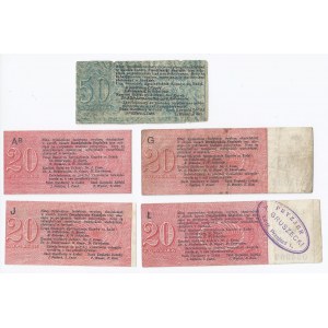 zestaw 5 bonów Łódź, 3x20 kopiejek (m.in. Stempel FRYZJER A. GRUSZECKI Łódź, Przejazd 1) i 1x50 kopiejek