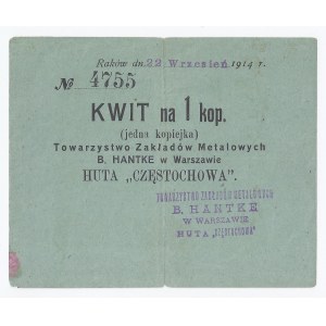bon Raków, 1 kopiejka, 22 września 1914, Towarzystwo Zakładów Metalowych B. Hantke w Warszawie Huta Częstochowa