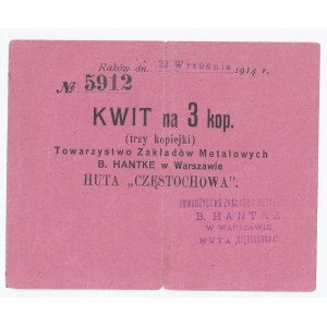 bon Raków, 3 kopiejki, 22 września 1914, Towarzystwo Zakładów Metalowych B. Hantke w Warszawie Huta Częstochowa