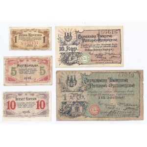 zestaw 5 bonów Częstochowa, 10 kopiejek i 1 rubel 1914, 1,5 i 10 kopiejek 1916