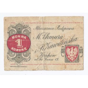 bon Kraków, 1 korona, M. CHMURA I R. ZAWILIŃSKA, MLECZARNIA POSTĘPOWA, 1919 rok
