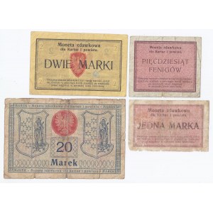 zestaw 4 bonów Kartuzy, 50 fenigów, 1,2 i 20 marek, 1920