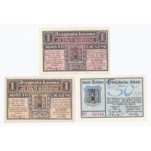 zestaw 3 bonów Cieszyn, 1x50 halerzy 1919, 2x1 korona 1919