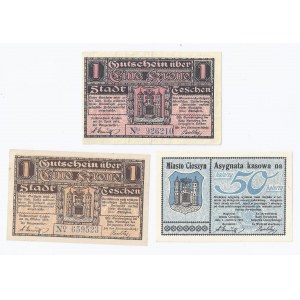 zestaw 3 bonów Cieszyn, 1x50 halerzy 1919, 2x1 korona 1919