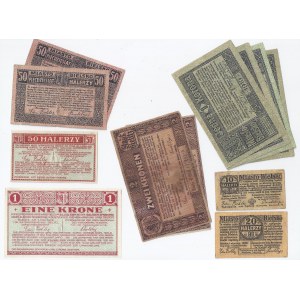 zestaw 12 bonów Bielsko, 50 halerzy, 1 korona, 1919 (maj), 2x2 korony 1919 (czerwiec), 2x50 halerzy 1919, 4x1 korona 1919 (sierpień), 10 i 20 halerzy 1920