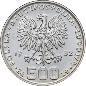 500 zł 1982, próba, Dar Młodzieży, Ag625, moneta zapakowana w opakowanie typu quadrum