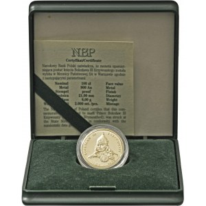 100 zł 2001, Bolesław Krzywousty, Au 900, oryginalne zielone pudełko NBP plus certyfikat