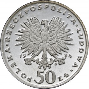 50 zł 1974, Fryderyk Chopin, Ag750, moneta zapakowana w opakowanie typu quadrum