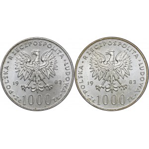 zestaw 2 x 1000 zł 1983, Jan Paweł II, Ag625, monety zapakowana w pudełko typu quadrum