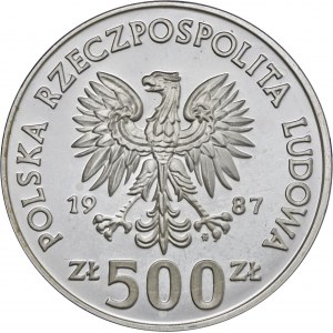 500 zł 1987, Mistrzostwa Europy w Piłce Nożnej 1988, Ag 750, moneta zapakowana w pudełko typu quadrum