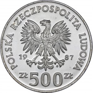 500 zł 1987, Zimowe Igrzyska Olimpijskie Calgary 1988, Ag750, moneta zapakowana w pudełko typu quadrum