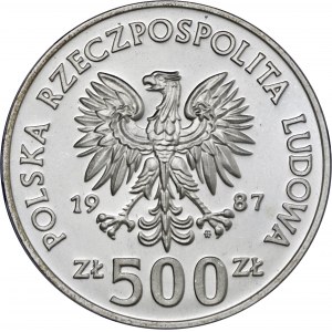 500 zł 1987, Kazimierz III Wielki, Ag750, moneta zapakowana w pudełko typu quadrum