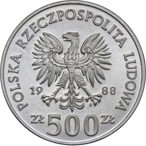 500 zł 1988, Jadwiga, Ag 750, moneta zapakowana w pudełko typu quadrum