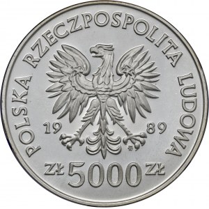 5 000 zł 1989, Żołnierz Polski na Frontach II Wojny Światowej - Westerplatte, Ag 750, moneta zapakowana w pudełko typu quadrum