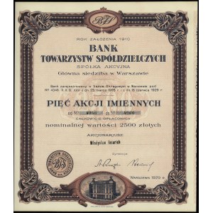 Polska, 5 akcji imiennych po 500 złotych = 2.500 złotych, 1929, Warszawa