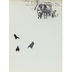Ludwik MACIĄG (1920-2007), Szkic koni z powozem i pochylającej się obok postaci, oraz szkice kruków
