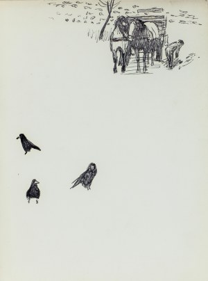 Ludwik MACIĄG (1920-2007), Szkic koni z powozem i pochylającej się obok postaci, oraz szkice kruków