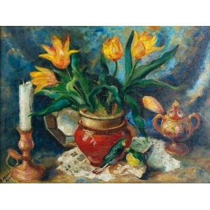 Stanisław PRAUSS (1902-1967), Martwa natura z kwiatami i świecą, 1942