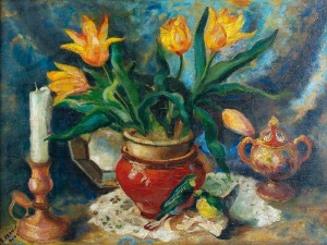 Stanisław PRAUSS (1902-1967), Martwa natura z kwiatami i świecą, 1942