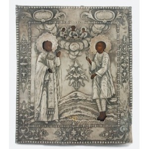 Ikona - Św. Mikołaj i św. Artemiusz, w srebrnym okładzie