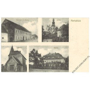 [Mertschütz: inn, church, station, castle] Mertschütz. Gasthaus von Herzog. Kirche. Bahnhof. Schloss