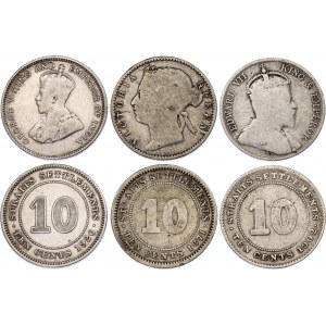 Straits Settlements 3 x 10 Cents 1871 - 1926