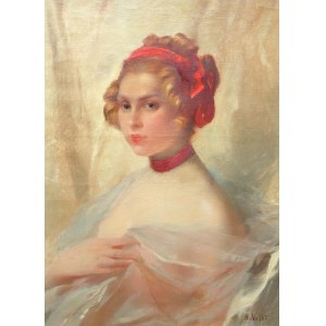 Henry Emile Vollet (1861 - 1945), Porträt einer Frau mit roter Schleife