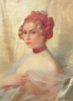 Henry Emile Vollet (1861 - 1945), Portret kobiety z czerwoną wstążką