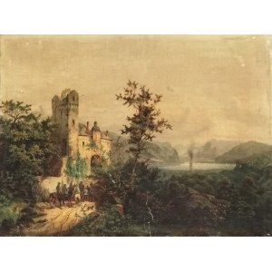 Artysta nieokreślony, XIX w., Pejzaż z zamkiem - Przed polowaniem