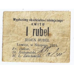 Łowicz, bon, 1 rubel, sierpień 1914