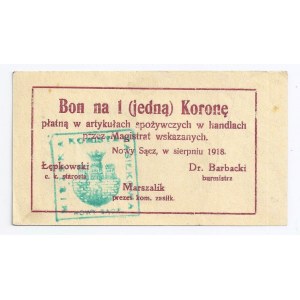 Nowy Sącz, bon, 1 korona, sierpień 1918