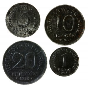 zestaw 4 monet: 1, 5,10 i 20 fenigów 1918