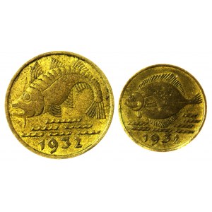 zestaw 2 monet: 5 fenigów 1932 (flądra) i 10 fenigów 1932 (dorsz)