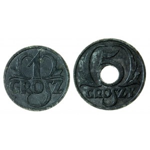 zestaw 2 monet: 1 i 5 groszy, 1939, cynk