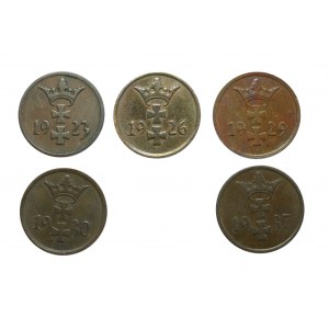 WM GDAŃSK, Satz von 1 Fenig-Münzen 1923-1937, Satz von 5 Stück